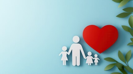 A graphic illustration featuring a family holding hands next to a large red heart on a soft blue background, symbolizing love and unity.