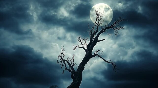 A large, leafless tree dominates the foreground, its branches reaching upward toward a bright full moon partially obscured by dark, heavy clouds