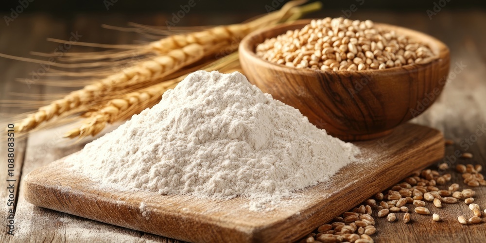 Aufkleber mound of flour on a cutting board with ears of grain and grains in a bowl on a wooden table.