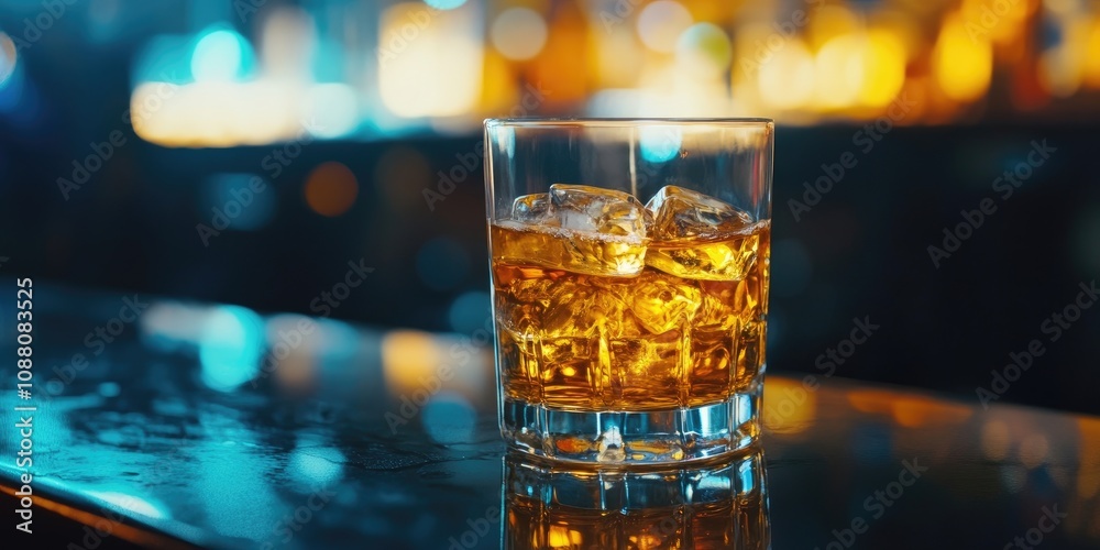 Poster a glass of whiskey with ice. background featuring copy space. a glass of liquor on the bar counterto