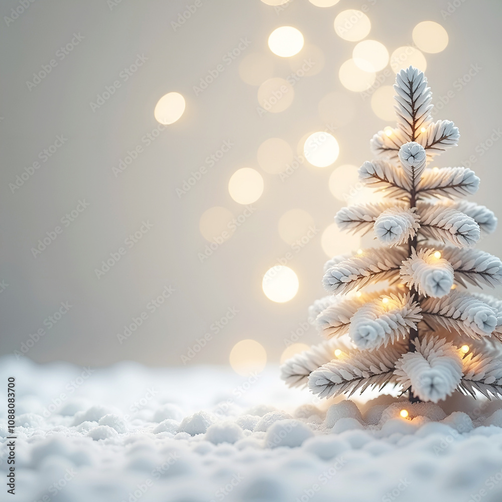 Wall mural white christmas tree and snow on the blurred background with bokeh. square composition and copy spac