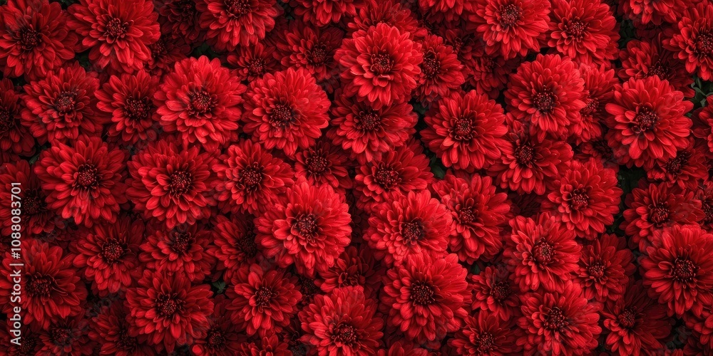 Poster Close-up view from above of red chrysanthemums. A consistent carpet of red flowers for autumn. The natural arrangement of the postcard. A vibrant designer floral backdrop.