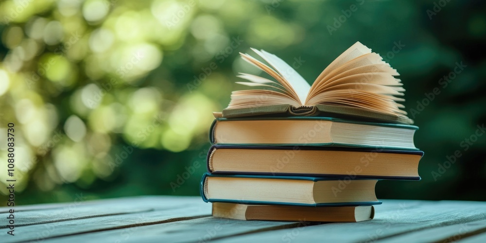 Poster arrangement of hardback books with fanned pages on a wooden deck table in the background. stacked bo