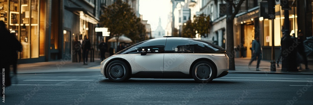 Poster a self-driving car maneuvers through a bustling urban environment, showcasing its onboard ai technol