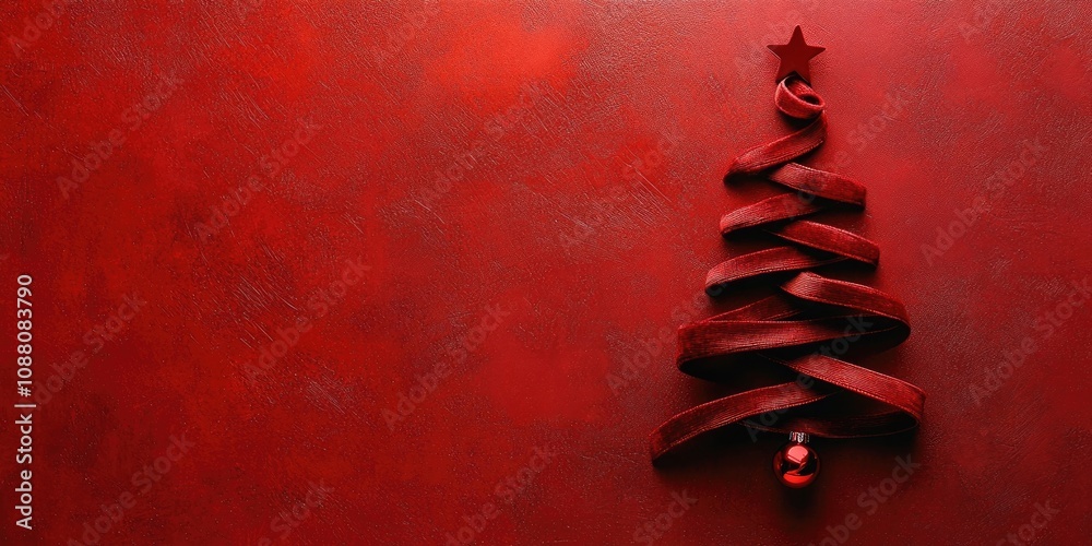 Poster christmas tree created from dark red velvet ribbon on a colored background. vertical flatlay.