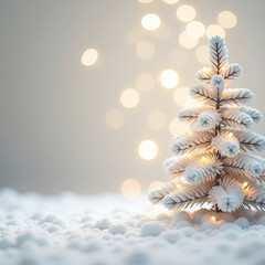 White Christmas tree and snow on the blurred background with bokeh. Square composition and copy space on the left.