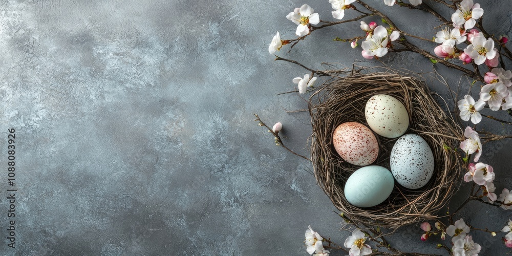 Poster Easter eggs in a nest on a grey background. Easter backdrop featuring eggs and spring flowers. Top view with copyspace.