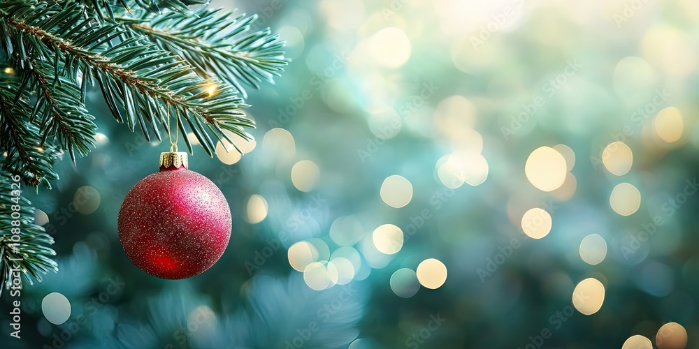 Poster christmas ball hanging on a christmas tree branch with a blurred shiny background. space for text.