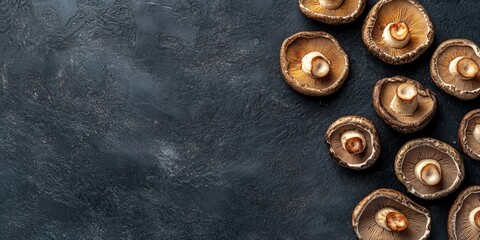 Dried shiitake mushrooms on a black background, flat lay, food ingredient, Japanese cuisine, copy space.