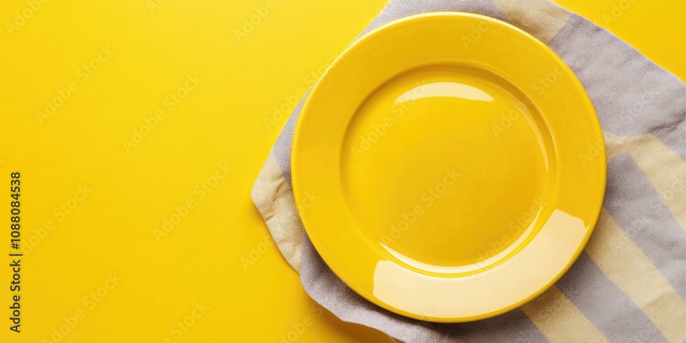 Aufkleber top view of an empty round yellow plate on a colored background tablecloth, ideal for food. the empt