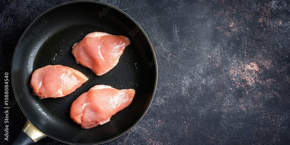 Aufkleber raw chicken meat in a frying pan - cook the meat. food backdrop. top view and copy space.