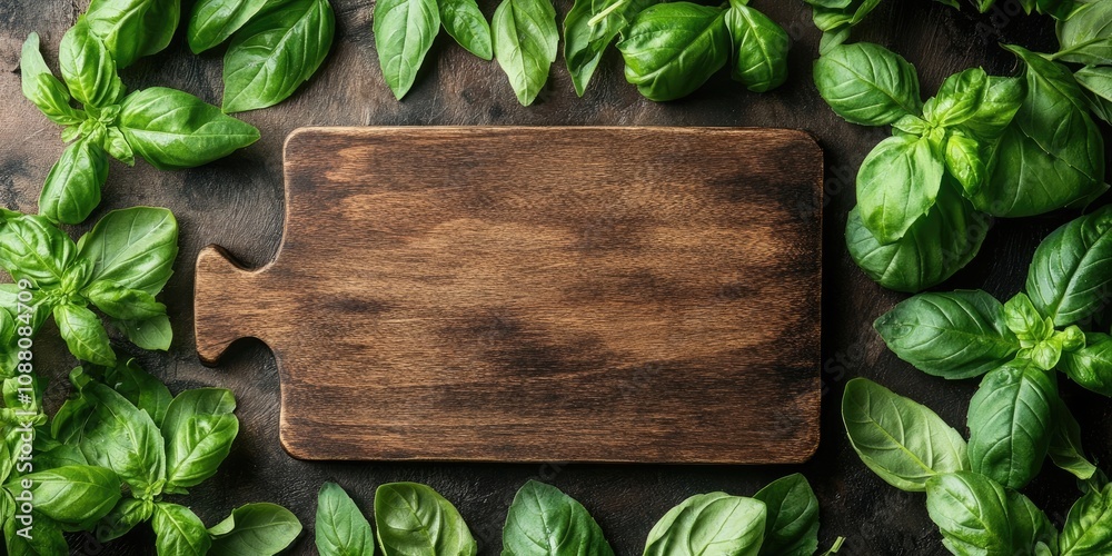 Aufkleber empty wooden cutting board set against a background of various sweet basil leaves. healthy food conc