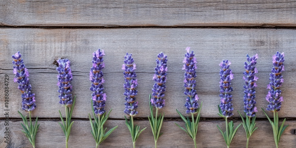 Poster lavender flowers arranged in a row on a background of aged wood texture.