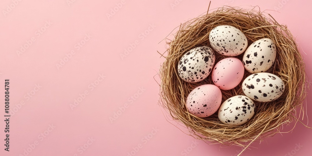 Poster easter nest featuring delicate speckled or spotted quail eggs set against a pink background, with co