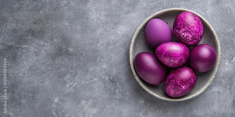 Aufkleber natural egg dye in purple. easter eggs are colored using natural dye from hibiscus tea on a gray sto
