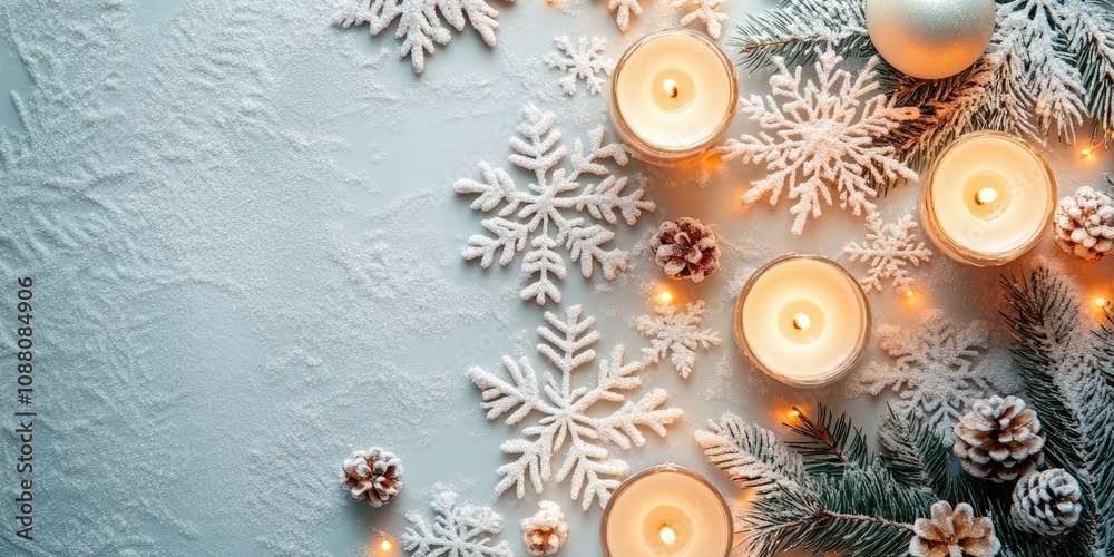 Poster christmas snowflakes with candles on a light backdrop. selective focus. a space for copy. top view. 
