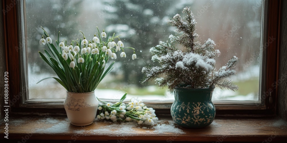 Aufkleber bouquet of snowdrops and a mass-produced tree toy in the window.