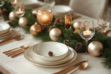 Contemporary festive dinner: a bright table decorated with gold and white elements, candles, and pine branches, with minimalist tableware.