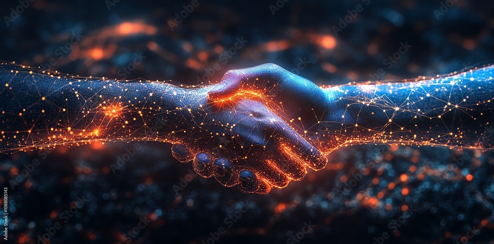 Poster abstract glowing handshake depicting connection and collaboration.