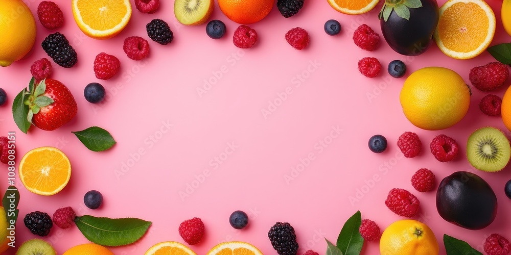 Poster colorful summer fruits border a pink background from a top view with copy space.