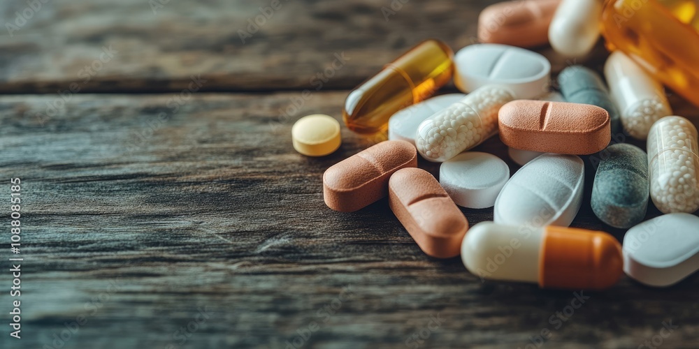 Poster Selective focus on assorted pills on a wooden table with copy space.