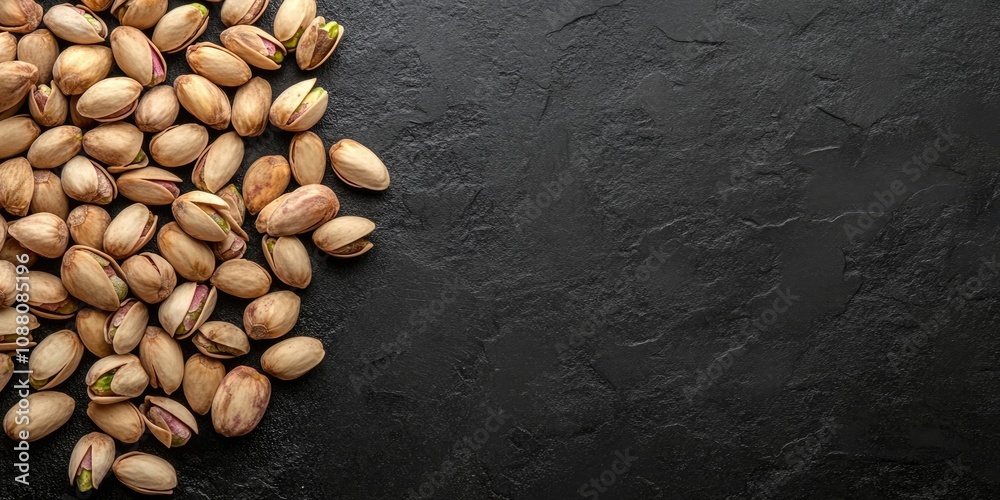 Aufkleber a pile of pistachios in their shells isolated on a black background with copyspace. top view of raw 
