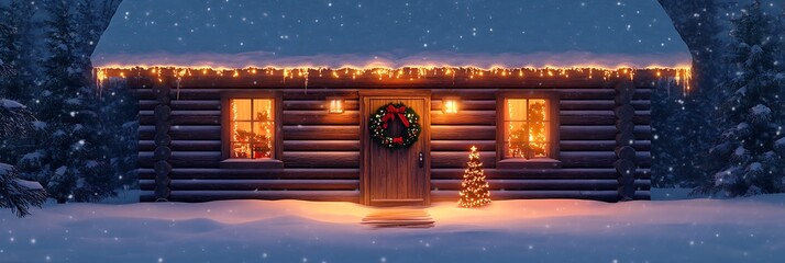Snow-covered log cabin with glowing holiday lights and Christmas wreath on the door