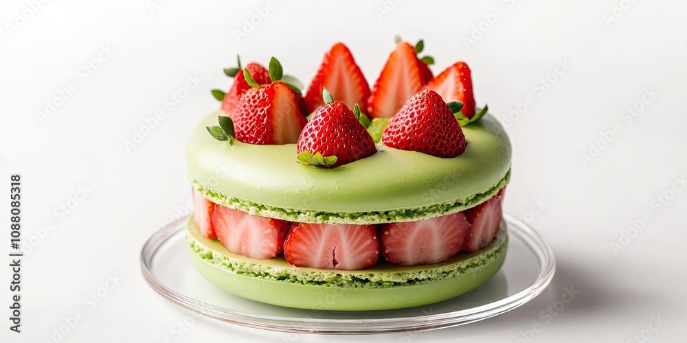Poster a green macaron cake adorned with strawberry slices placed on a clear saucer set against a white bac