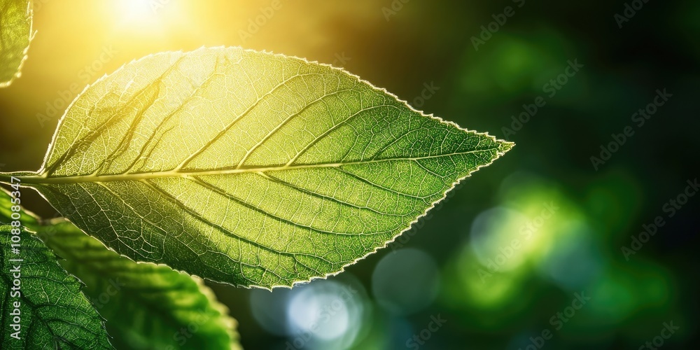 Aufkleber Close-up macro view of a green leaf in the garden under sunlight, featuring copy space for use as a natural concept or wallpaper.