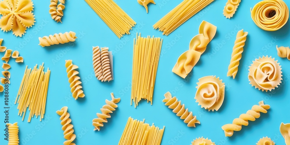 Poster various types of uncooked pasta set against a colored background.