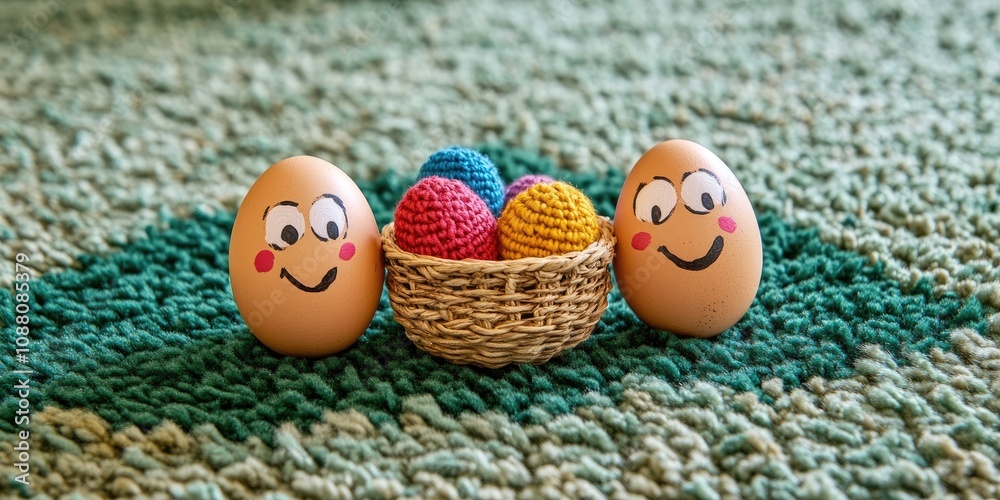 Aufkleber Two chicken eggs with painted faces rest on a carpet resembling green grass. In between them sits a wicker dish filled with multicolored knitted eggs.