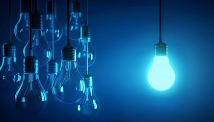 A cluster of hanging light bulbs, with one illuminated in a vibrant blue glow against a dark background, creating a modern and artistic ambiance.