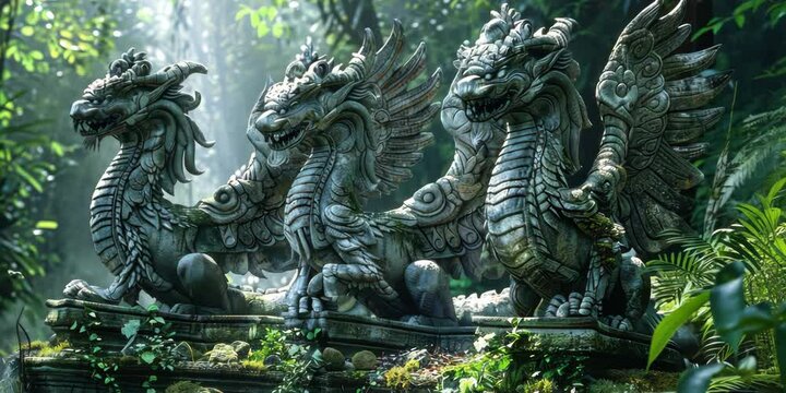 Hidden dragon nest in a mystical forest, guarded by enchanted statues, 4K Video