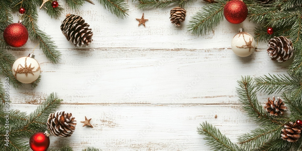 Poster christmas background featuring fir branches and decorations on a white rustic wooden surface with co