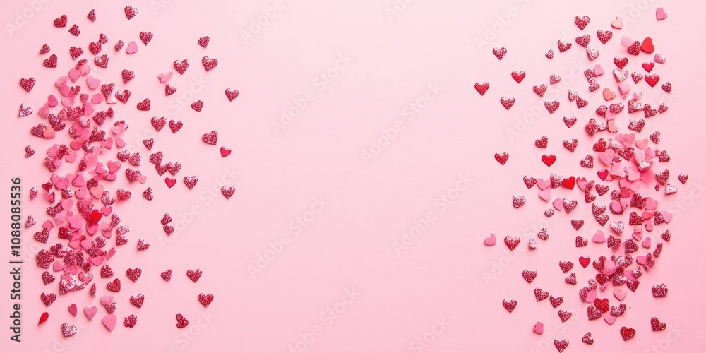 Poster Top view of two vertical lines of small heart-shaped confetti on a pink background, copy space. Valentine's Day banner.