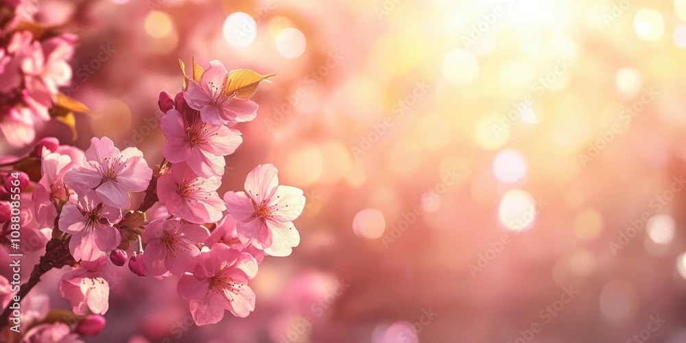 Aufkleber lovely pink blossoms of a sakura tree against a blurred bokeh backdrop on a warm, sunny day. spring-