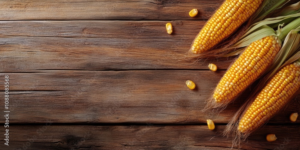 Poster Corns or Maizes Isolated on a Wooden Background with Copy Space for Text in a Horizontal Layout, Ideal for Wallpaper.