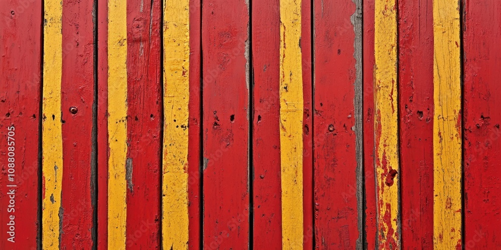 Poster Close-up of a red background texture featuring a painted rustic wooden panel with vertical lines and horizontal yellow bars.