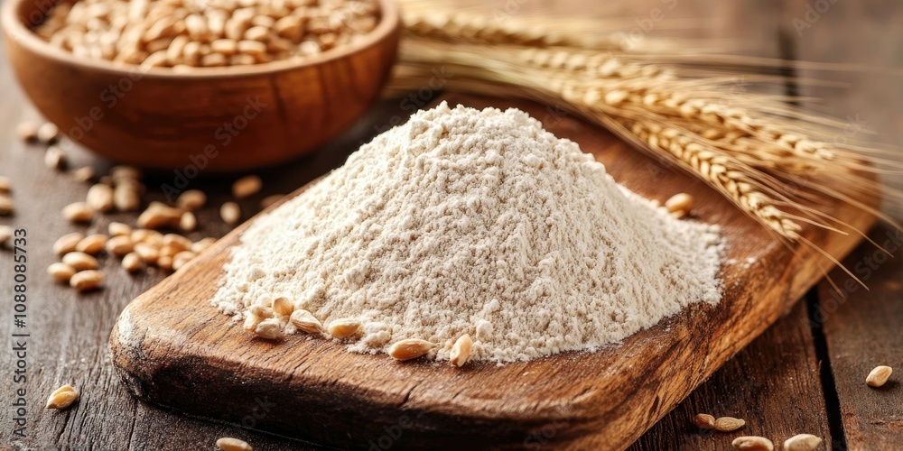 Aufkleber mound of flour on a cutting board with ears of grain and grains in a bowl on a wooden table.