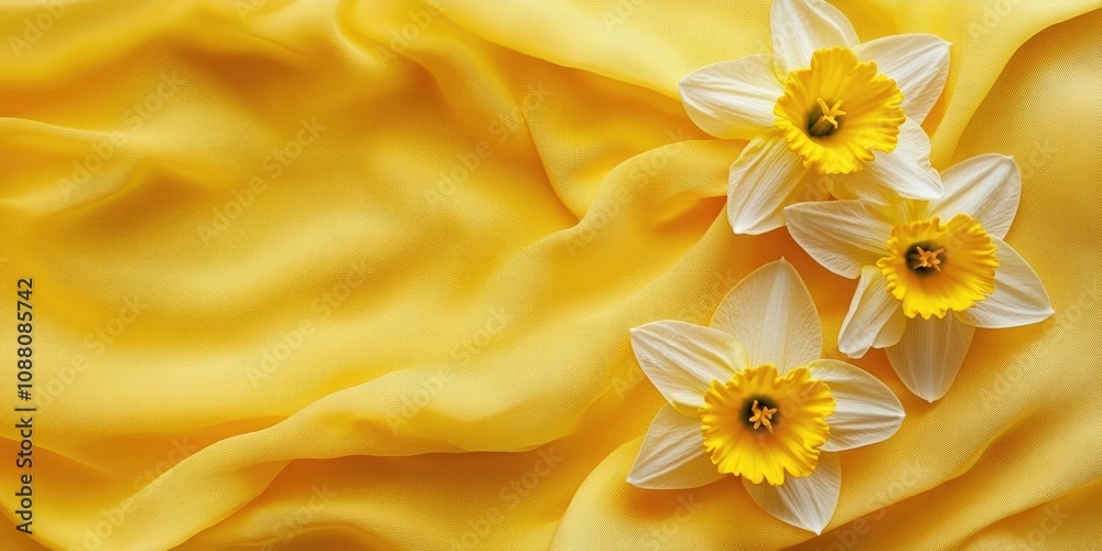 Leinwandbilder three daffodils on a vivid yellow backdrop. elegant fabric curves alongside the spring flowers. play