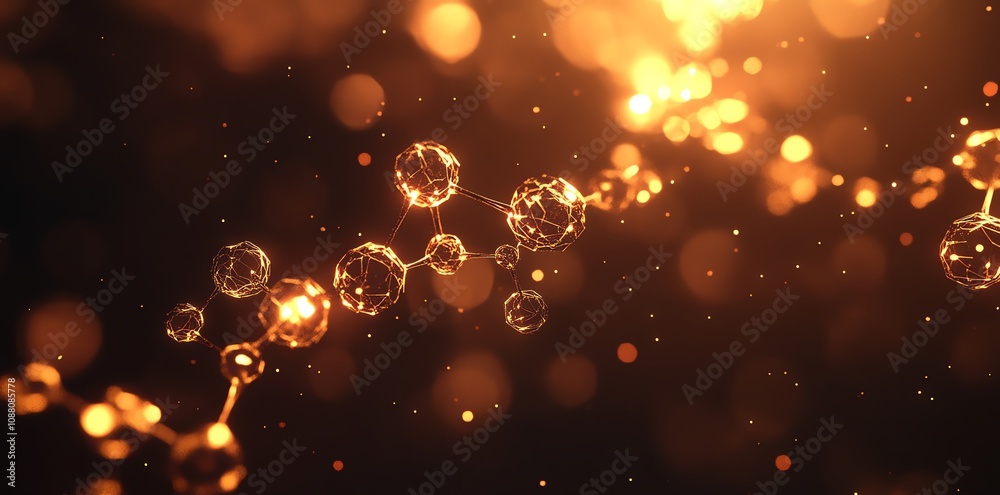 Poster abstract glowing molecule chain in dark space.
