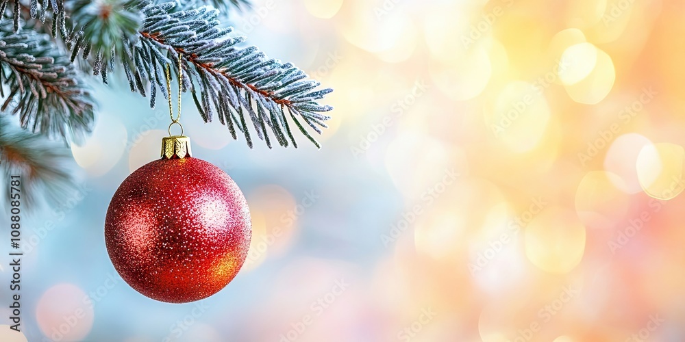 Poster christmas ball hanging on a christmas tree branch with a blurred shiny background. space for text.