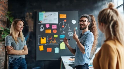 Strategic marketing plan displayed on office wall with vibrant symbols, guiding the team towards goals. Icons convey key strategies for unified success