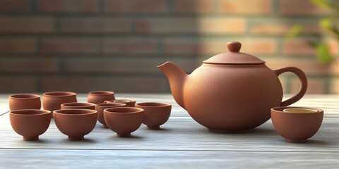 Chinese brown teapot and tea cups