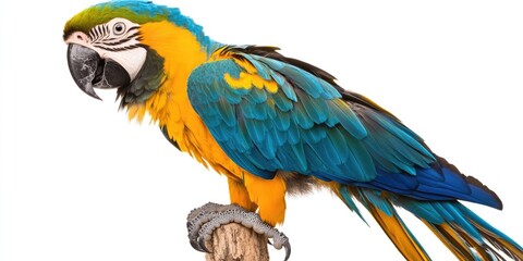 Fototapeta premium Blue and Yellow Macaw, Ara Ararauna, sitting on a pole against a white background.