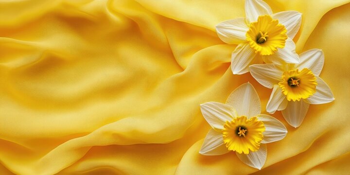 Three daffodils on a vivid yellow backdrop. Elegant fabric curves alongside the spring flowers. Play of light and shadow in the background. Top view with copyspace available for text.