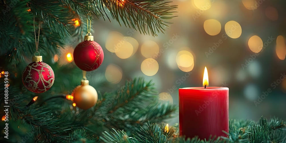 Poster a burning red candle in front of a tree branch with hanging ornaments.