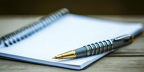 Closeup of a notebook and pen on a wooden table.