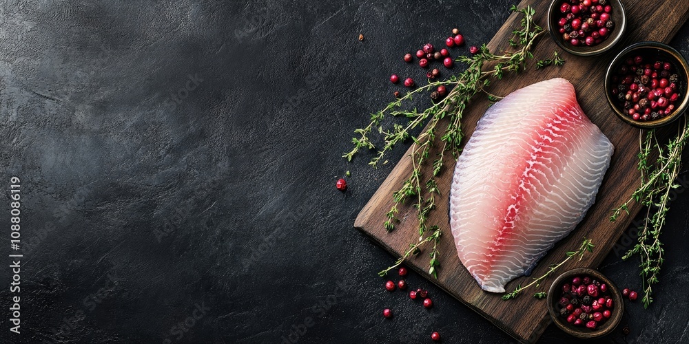 Poster raw tilapia fillet on a cutting board accompanied by thyme and pink pepper. black backdrop. top view