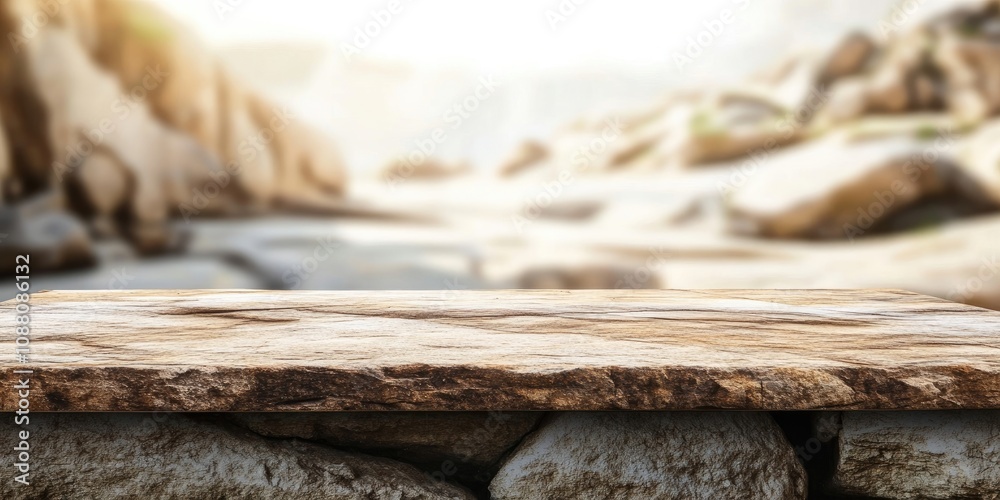 Fototapete empty stone board table in front of a blurred background. perspective of brown rock against a blurre